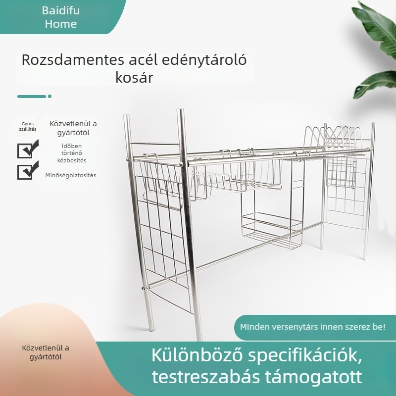 Rozsdamentes acél edény- és evőeszköztároló szárítóállvány a mosogató fölött, nagy kapacitású