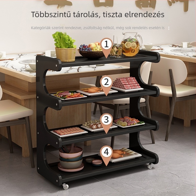 Görgős, mozgatható étkezőkocsi bambuszból készült tárolóval, éttermekhez és otthonra, többfunkciós