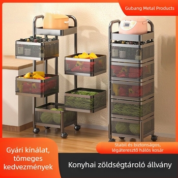 3 szintes forgó zöldség- és gyümölcs tároló állvány, mobil