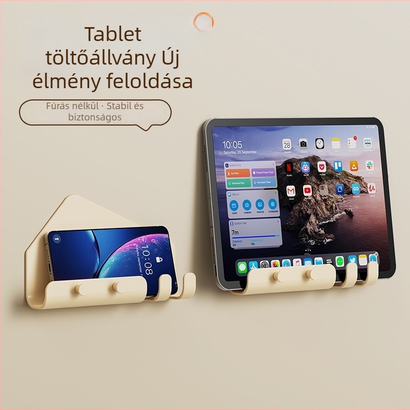 Fali mobiltelefon- és tabletatároló töltőállvánnyal, multifunkcionális tárolópolc nappaliba és hálószobába