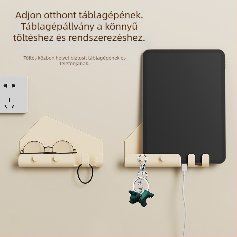 Fali mobiltelefon- és tabletatároló töltőállvánnyal, multifunkcionális tárolópolc nappaliba és hálószobába