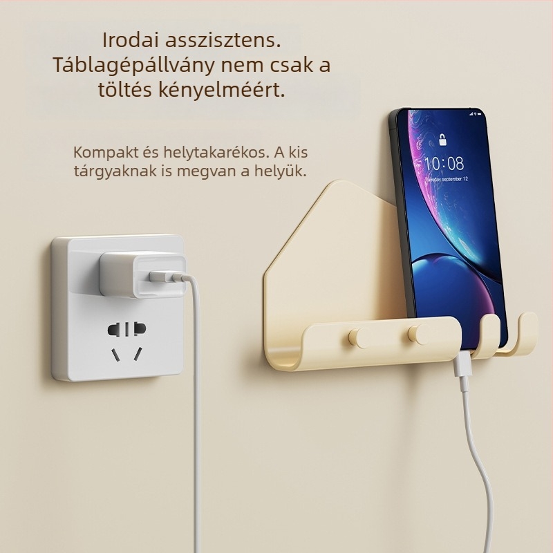 Fali mobiltelefon- és tabletatároló töltőállvánnyal, multifunkcionális tárolópolc nappaliba és hálószobába