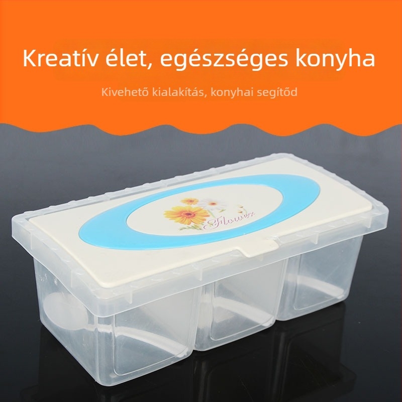Műanyag fűszertartó doboz, többfunkciós, három- vagy négyrekeszes — konyhai kiegészítő, kreatív dizájn
