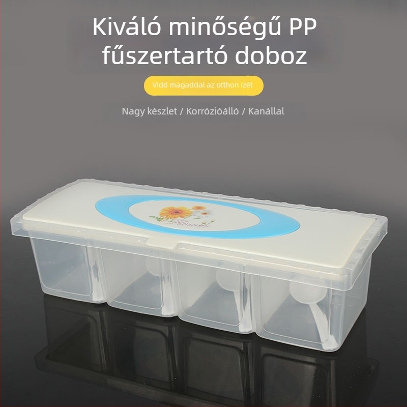 Műanyag fűszertartó doboz, többfunkciós, három- vagy négyrekeszes — konyhai kiegészítő, kreatív dizájn