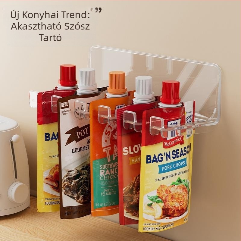 Átlátszó falra szerelhető fűszertartó és szósz tároló a konyhába, lyukasztás nélküli, sarokba szerelhető