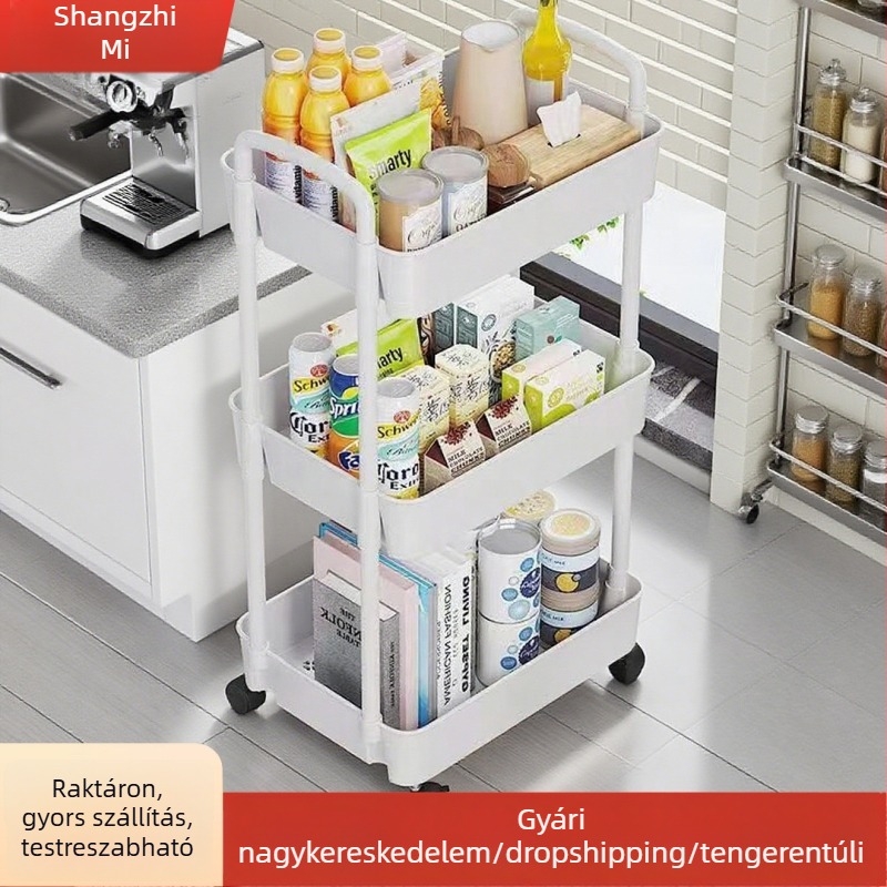 Háromszintes mobil konyhai tárolóállvány nassolnivalók és zöldségek számára, forgó kerekekkel