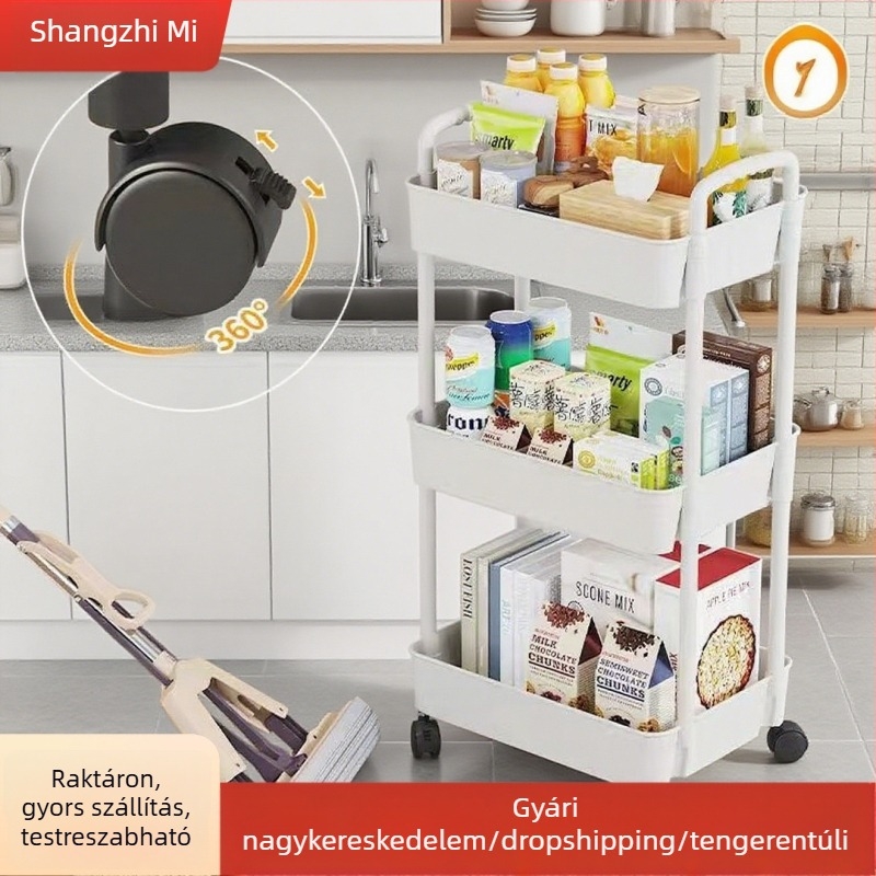 Háromszintes mobil konyhai tárolóállvány nassolnivalók és zöldségek számára, forgó kerekekkel