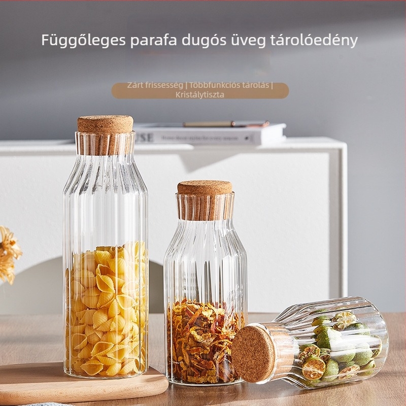 Boroszilát üveg tárolóedény parafa fedővel teához és kávébabokhoz