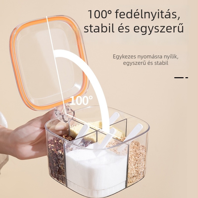 Konyhai fűszertartó négy rekesszel, integrált forrófazék fűszeres üveggel, műanyag, japán stílusú