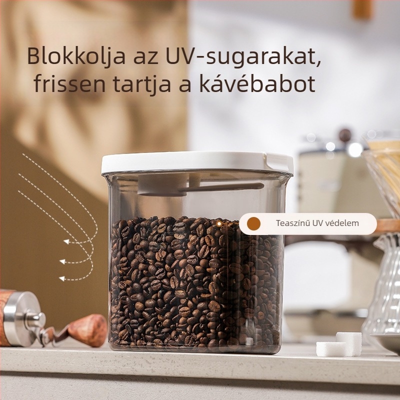 Kávébab tároló edény légmentes zárással, egyirányú szelep, mágneses lefüggeszthető kanál, ovális logó, 1–2 L kapacitás