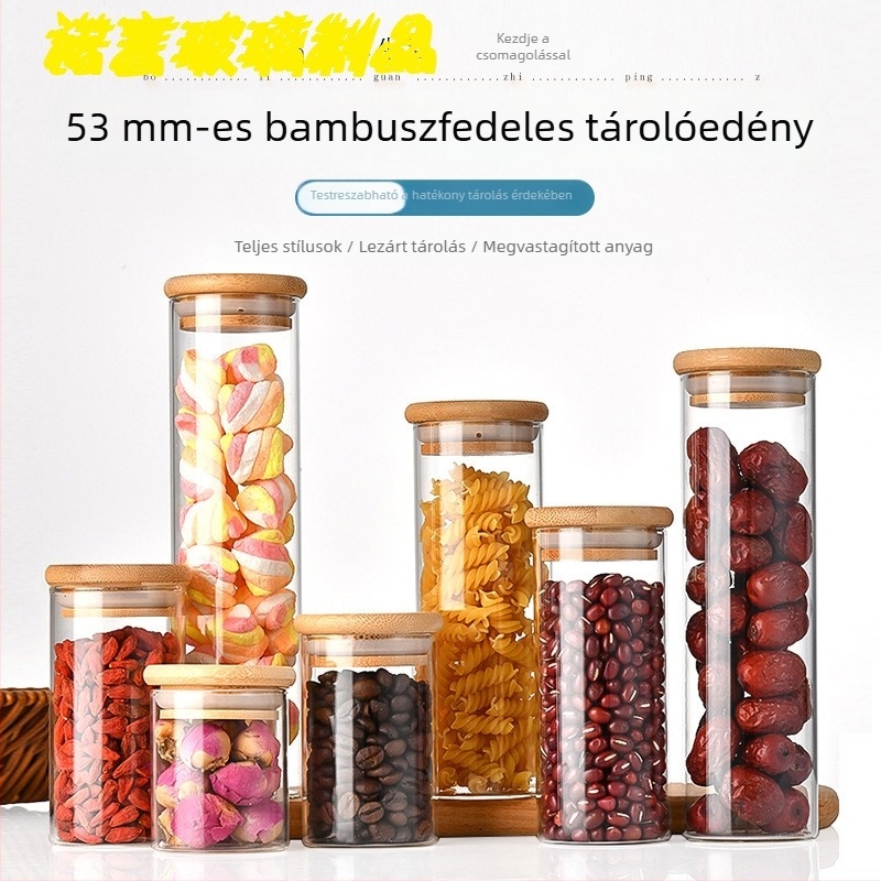 53 mm-es átmérőjű üvegtároló bambusz fedéllel, lezárható konyhai gabonatároló, 100–360 ml