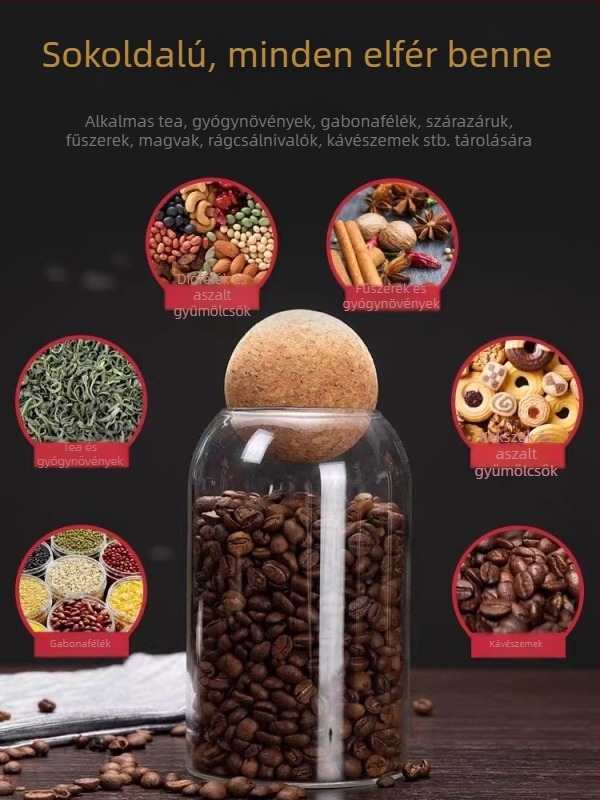 Üvegburk korkkal zárható, virágtea és tealevelek tárolására, kerek, átlátszó tárolóedény, otthoni használatra, frissesség megőrzése