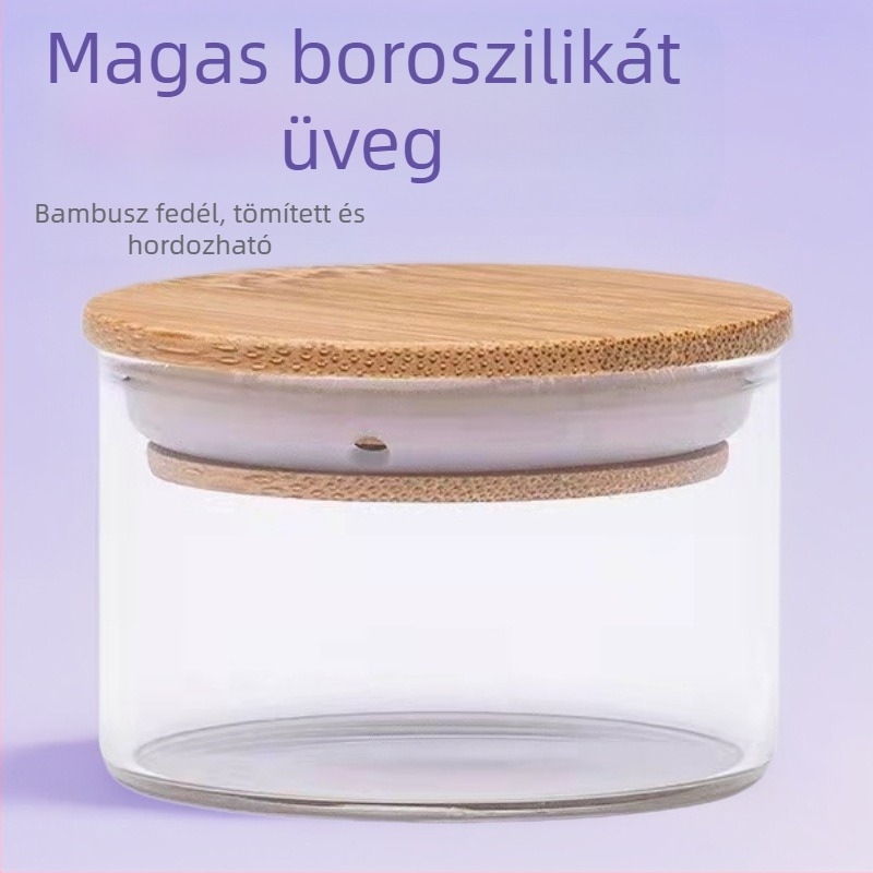 Hordozható boroszilikát üvegből készült teás tároló bambuszfedéllel, zárt tároló