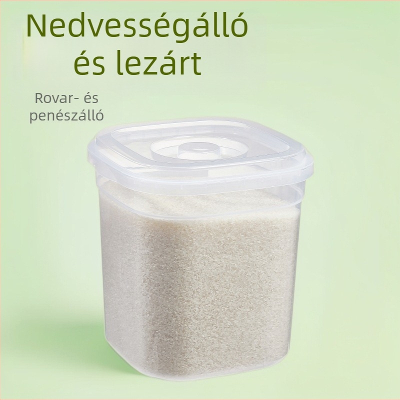 Házi használatra készült rizstároló edény, nedvességálló, zárható, rovarbiztos, PP műanyag, élelmiszer-minőségű, 5-6 liter