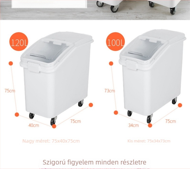 100 kg-os műanyag mobil rizstároló tartály, rovar- és nedvességálló, mérőskálával
