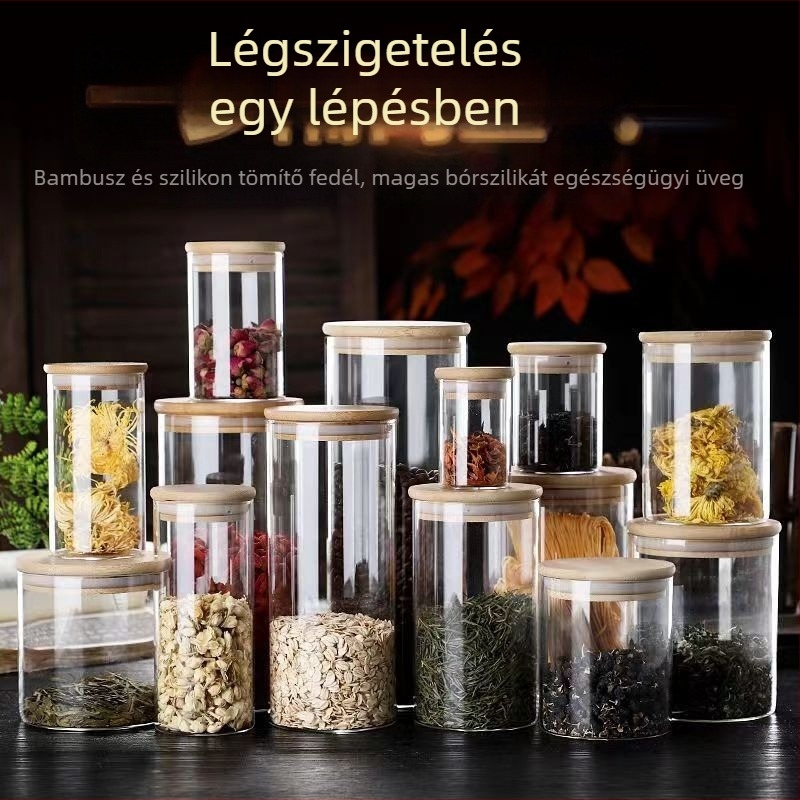 Boroszilikát üveg tároló bambusz fedéllel — nagy kapacitású teás- és konyhai tárolóedény