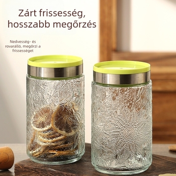 Élelmiszer-minőségű üveg, légmentesen záródó edény gabonafélék tárolására, nagy kapacitású a konyhában