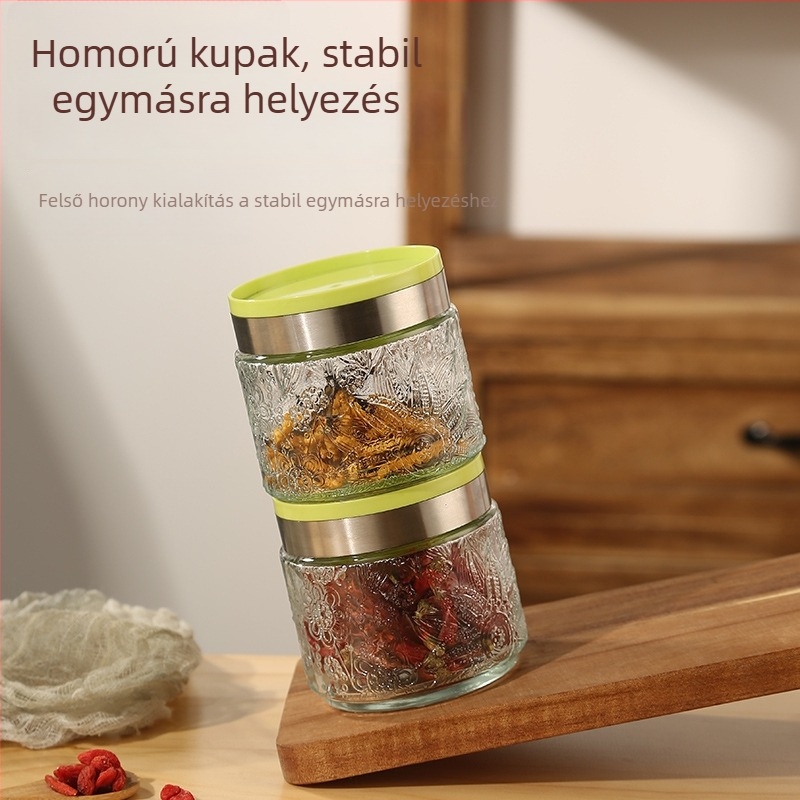 Élelmiszer-minőségű üveg, légmentesen záródó edény gabonafélék tárolására, nagy kapacitású a konyhában