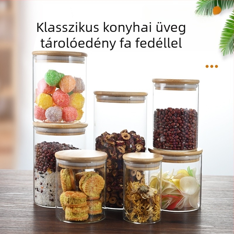 Magas hőállóságú üveg zárható bambuszfedéllel – Átlátszó tároló üveg teához és konyhai tárolásra
