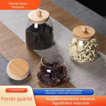 Átlátszó boroszilikát üveg bambuszos fedéllel, teához, gabonákhoz és fűszerekhez