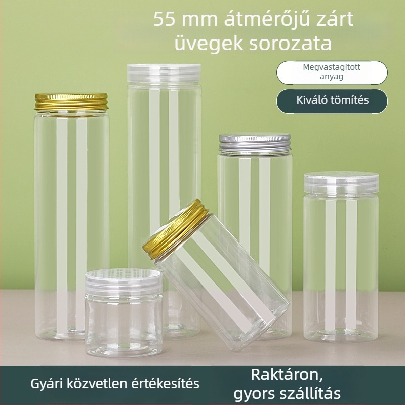 Kerek, műanyag lezárt tárolóedény PET anyagból, nagy nyílású, átlátszó tartály teához, dióhoz és süteményekhez