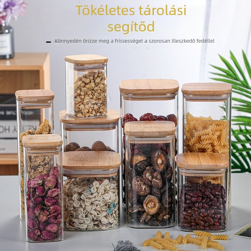 Négyzet alakú boroszilikát üveg tárolóedény bambusz fedővel