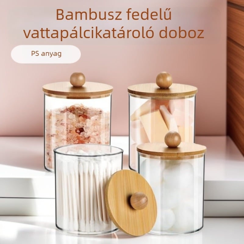Bambusz fedelű vattapálca doboz, átlátszó, kerek asztali tároló fürdőszobába