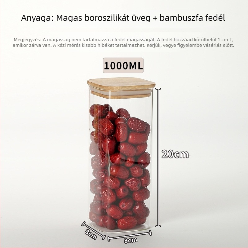 Bambuszfedeles zárható üvegtároló, nagy négyszögletes üveg teához és édességekhez, vastag üveg