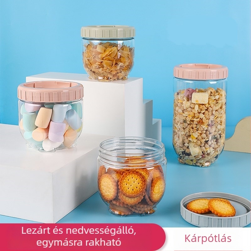 Műanyag, légmentesen záródó tárolóedény, átlátszó, kerek formájú konyhai tároló a gabonák és nassolnivalók számára, 800–1000 ml