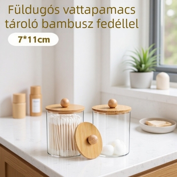 Átlátszó pamutpálca-tároló bambusz fedővel, kerek asztali tartó pamutpálcikákhoz, fogselyem és sminklemosó korongok