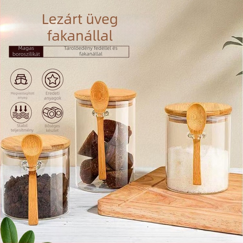 Átlátszó üveg tároló kanállal gabonák és szárított gyümölcsök tárolására, bambusz fedéllel és kanállal, átlátszó fűszertartó
