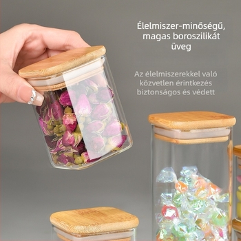 Négyzet alakú üvegtároló fedővel – zárható tároló nassolnivalókhoz és kávéhoz, modern minimalist stílus
