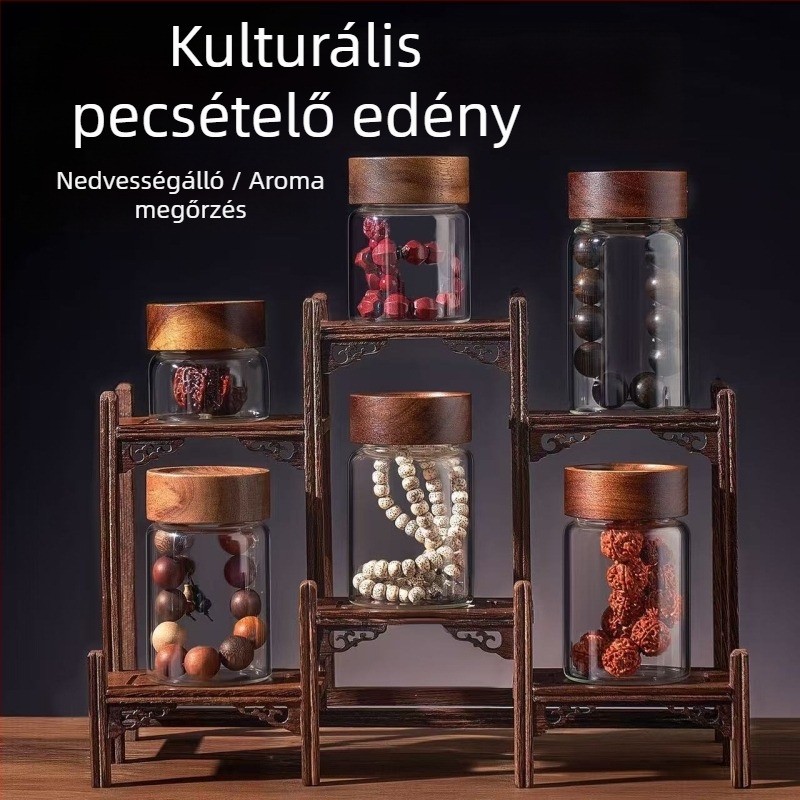 Magas boroszilikát üvegből készült zárható tároló acaciafa fedéllel, karkötők tárolására; nedvességálló edény teához és kávébabokhoz