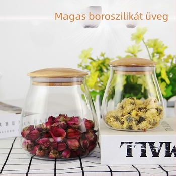 Magas boroszilikát üveg tárolóedény zárható fedéllel, bambusz fedéllel, különböző méretek, cukor- vagy bonbon tároló.