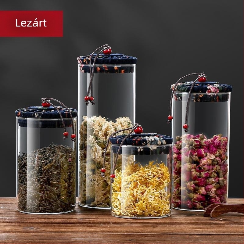 Áttetsző üveg teásdoboz fedéllel, hermetikusan záródó tartó tealevelekhez, szárított mandarinhéj és gabonák tárolására