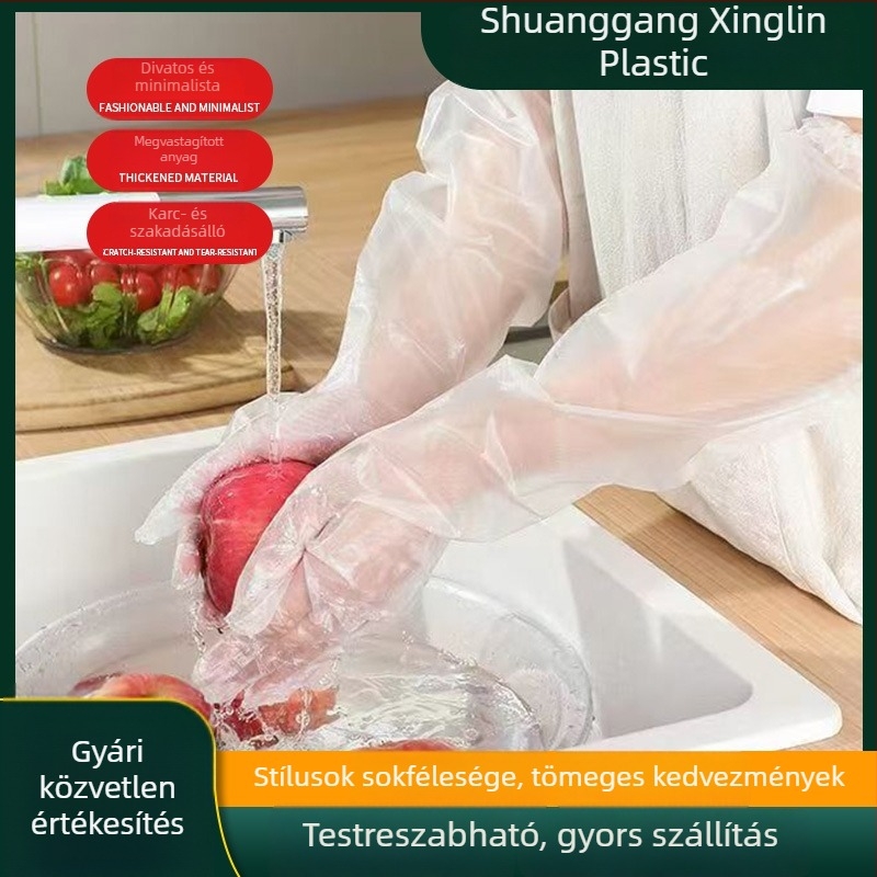 Hosszú, vastagított csúszásmentes kesztyűk otthoni tisztításra, mosásra és konyhai mosogatáshoz, vízálló, mandzsettás, egyszer használatos, CPE anyagból