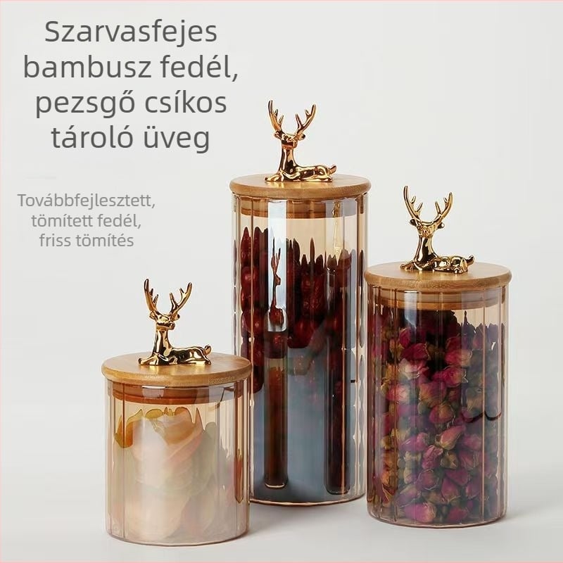 Függőleges csíkos üveg tárolóedény, zárható, gabonák és nassolnivalók tárolására, nedvességálló, fa fedél szarvasfej motívummal