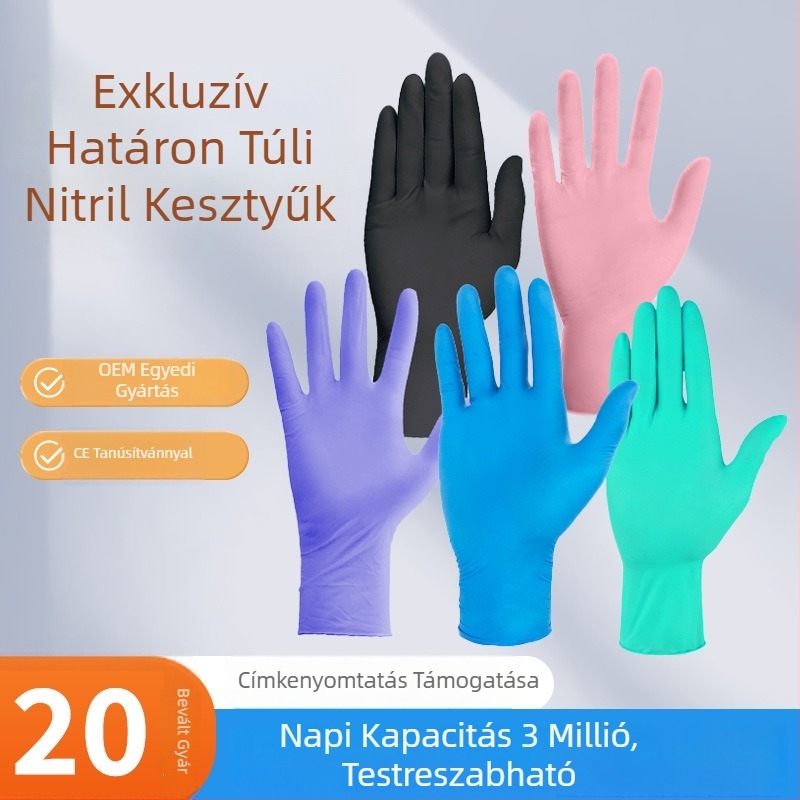 Egyszer használatos nitril kesztyűk, élelmiszer-minőségű, olajálló, cateringhez, sütéshez, konyhához, háztartási feladatokhoz, mosogatáshoz.