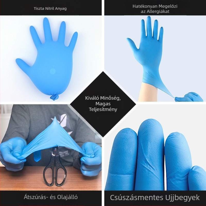 Egyszer használatos nitril kesztyűk, élelmiszer-minőségű, olajálló, cateringhez, sütéshez, konyhához, háztartási feladatokhoz, mosogatáshoz.