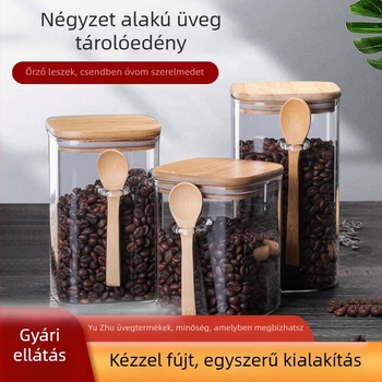 Négyzet alakú boroszilikát üveg tárolók zárható bambusz fedővel teához és a konyhához