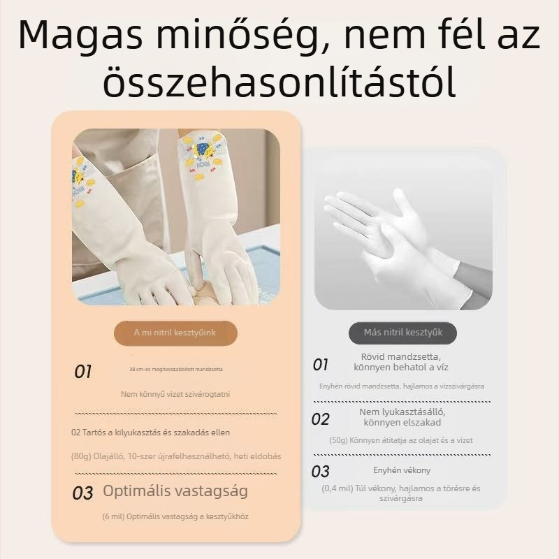 Nitril mosogatós kesztyűk, tartósak, vastag gumibevonattal, kíméletesek a bőrrel, otthoni tisztításra