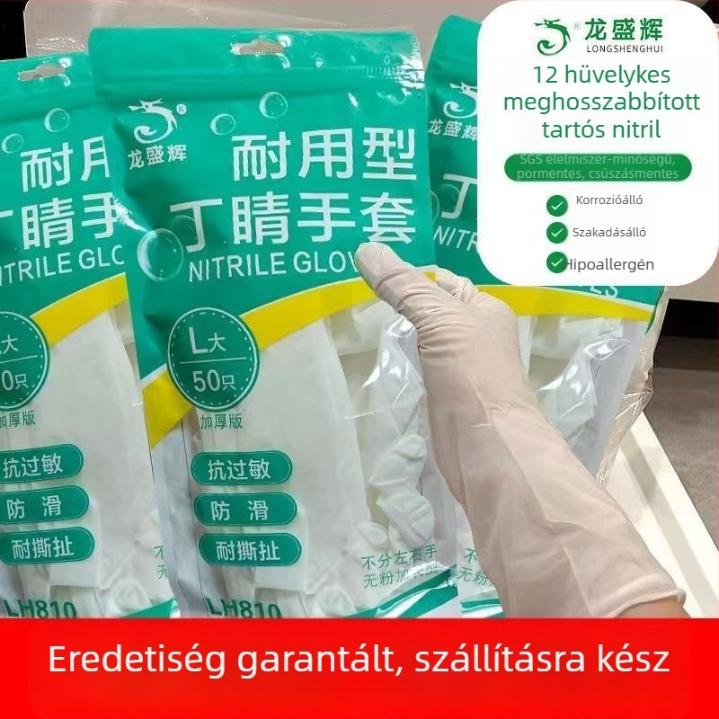 Egyszer használatos nitril kesztyűk, hosszúak és vastagítottak, tartósak, 12 hüvelyk, élelmiszer-minőségűek, konyhai és mosogatási feladatokra, vízálló.
