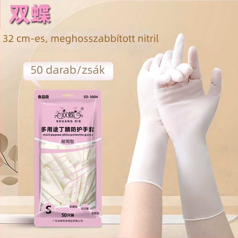 Double Butterfly nitril kesztyűk, egyszer használatosak, hosszú ujjú kialakítás, konyhai felhasználásra, élelmiszer-biztonsági minőség, vízálló, mosogatáshoz és tisztításhoz