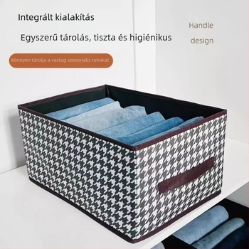 Houndstooth mintás ruhasztó doboz fedéllel, textil, összehajtható, osztókkal, 25 L, 40×28×20 cm