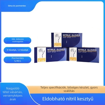 Eldobható kék nitril kesztyű, dobozos csomagolásban, 9–12 hüvelyk hosszú, ipari, háztartási és élelmiszer-kezelési használatra.