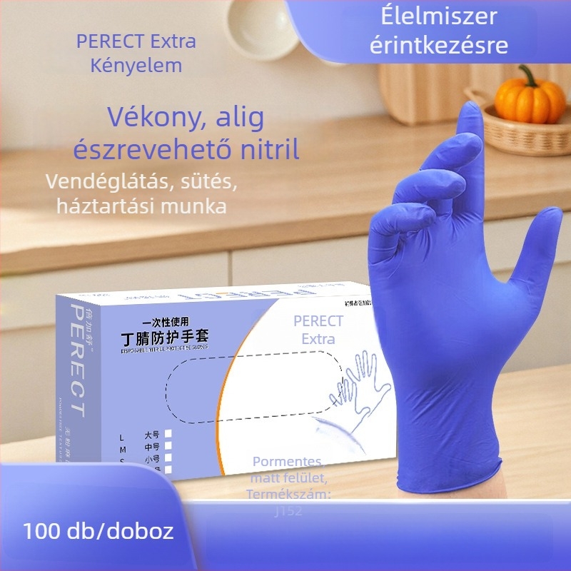 Egyszer használatos nitril kesztyűk a konyha és a vendéglátás számára, vastag és tartós, élelmiszer-biztonsági védelem, 100 darab, dobozban csomagolva