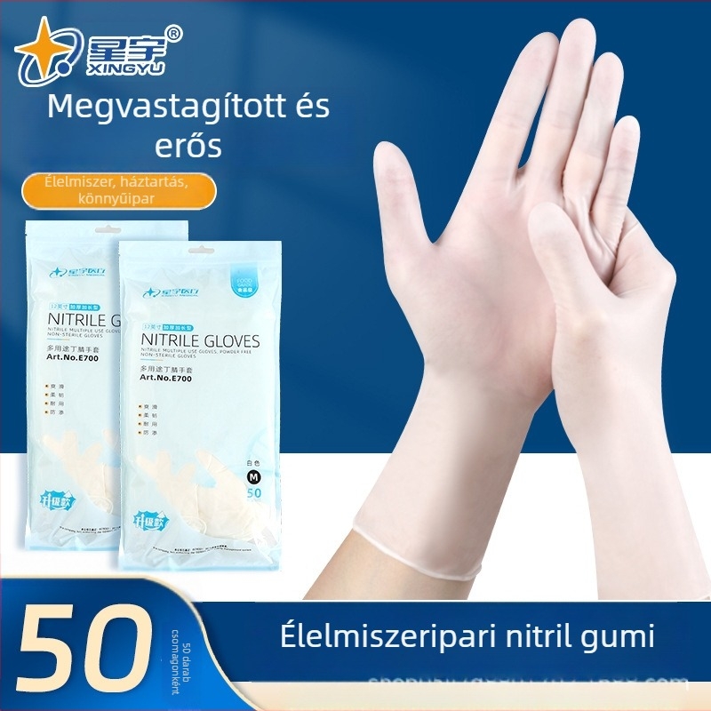 Xingyu E700 egyszer használatos nitril kesztyűk – vastagított, csúszásmentes, kopásálló, tartós, hosszú (30 cm), munkavédelmi és catering célra