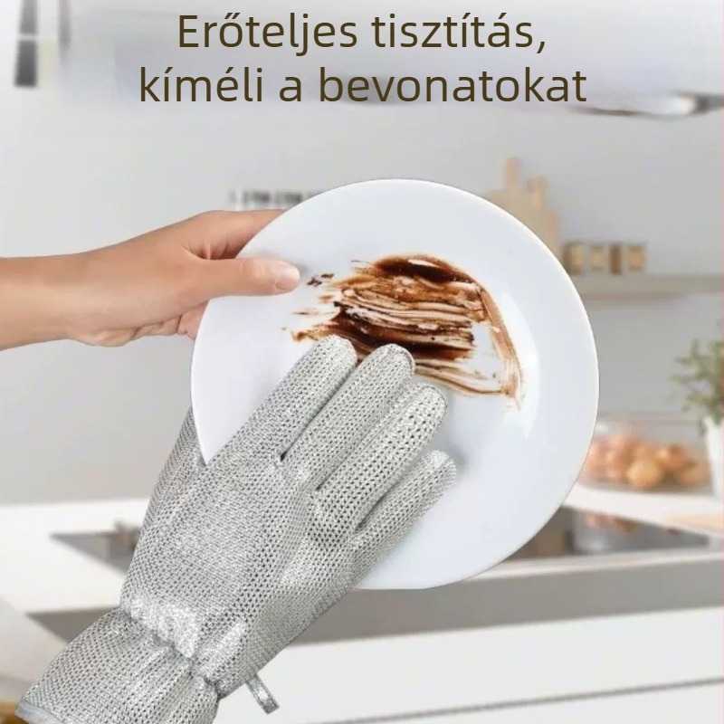 Mosogató kesztyű acéldróttal, vízálló, égés elleni védelem, vastag belső bélés, felnőtt méret, hosszított kivitel, levehető használatra
