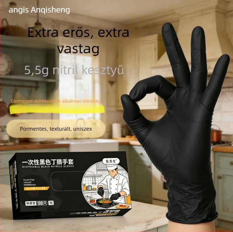 5.5g Extra vastag fekete nitril kesztyűk háztartási használatra, mosogatáshoz, cateringhez és sütéshez; élelmiszer-minőségű nitril kesztyűk, tartósak és védő hatású