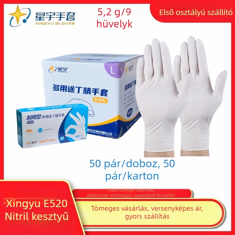 Xingyu E520 Egyszer használatos nitril kesztyűk, savállóak, vastagított kivitelűek, élelmiszer-minőségű